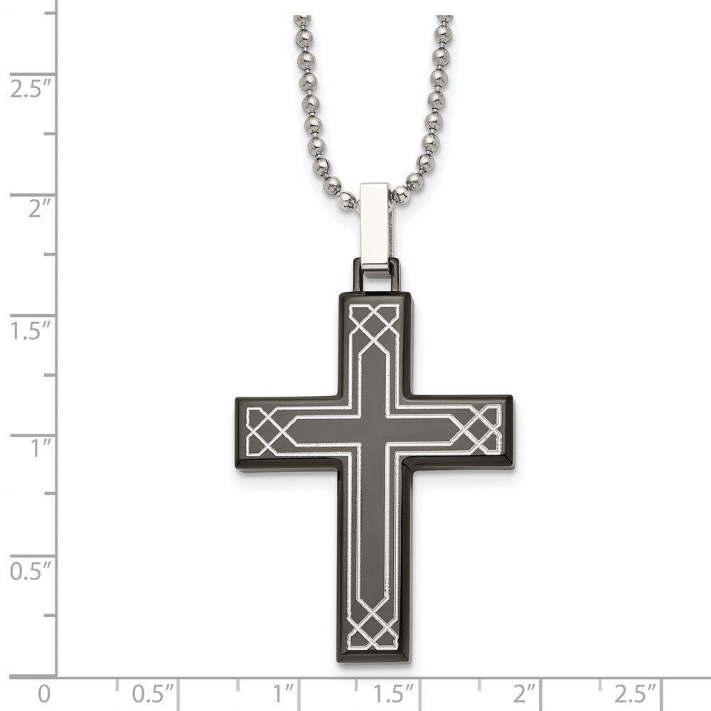 Alternate view of the Stainless Steel, Black Plated & Laser Etched Cross Necklace, 24 Inch by The Black Bow Jewelry Co.