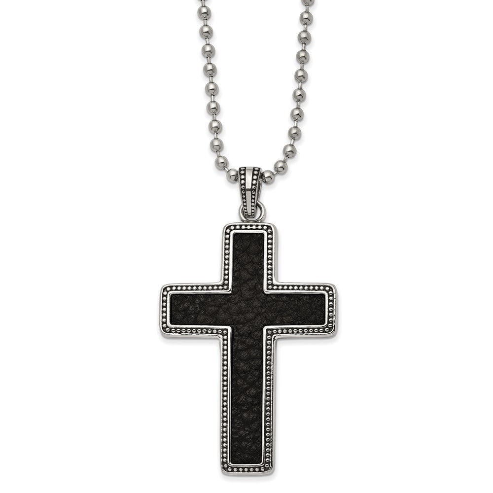 Stainless Steel & Black Leather Large Antiqued Cross Necklace, 22 Inch, Item N23252 by The Black Bow Jewelry Co.