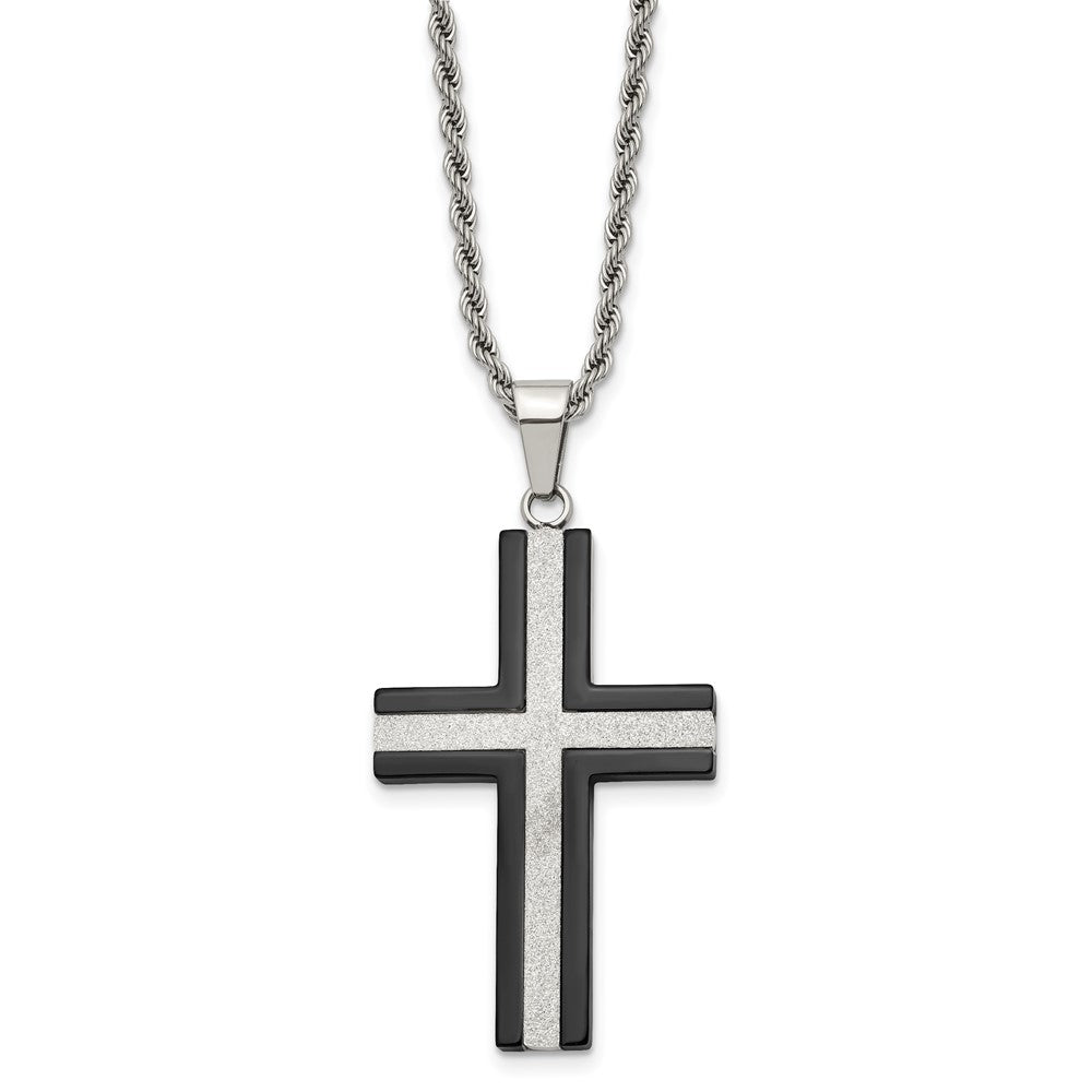Stainless Steel Polished Black Plated & Laser Cut Cross Necklace, 24in, Item N23253 by The Black Bow Jewelry Co.