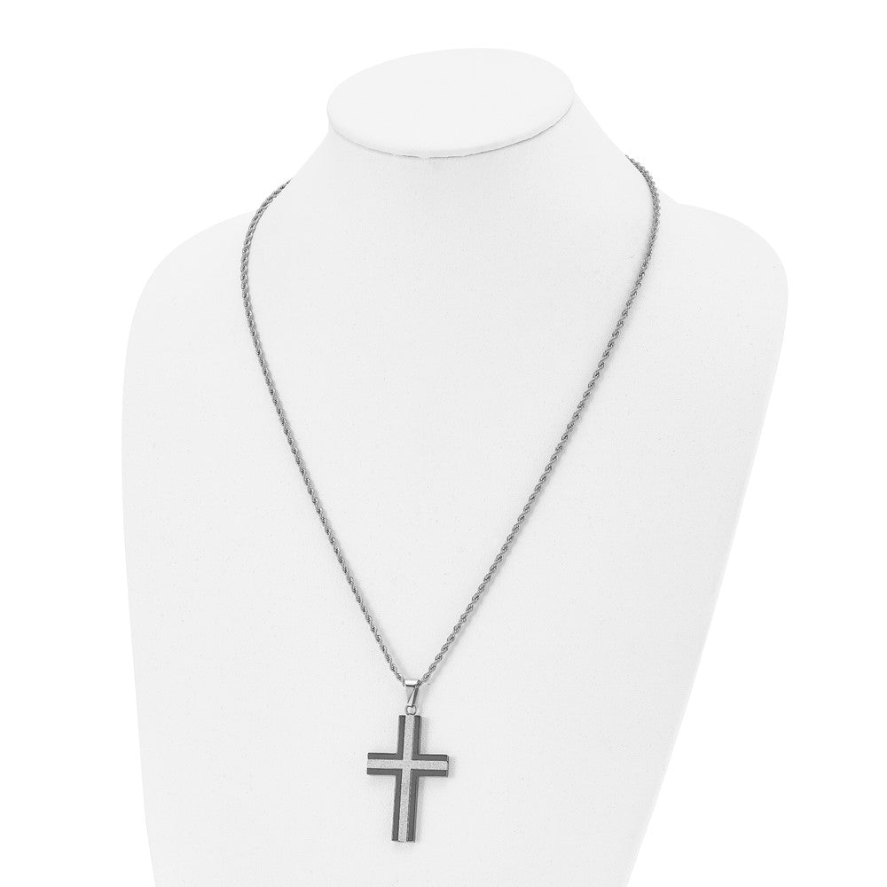 Alternate view of the Stainless Steel Polished Black Plated & Laser Cut Cross Necklace, 24in by The Black Bow Jewelry Co.