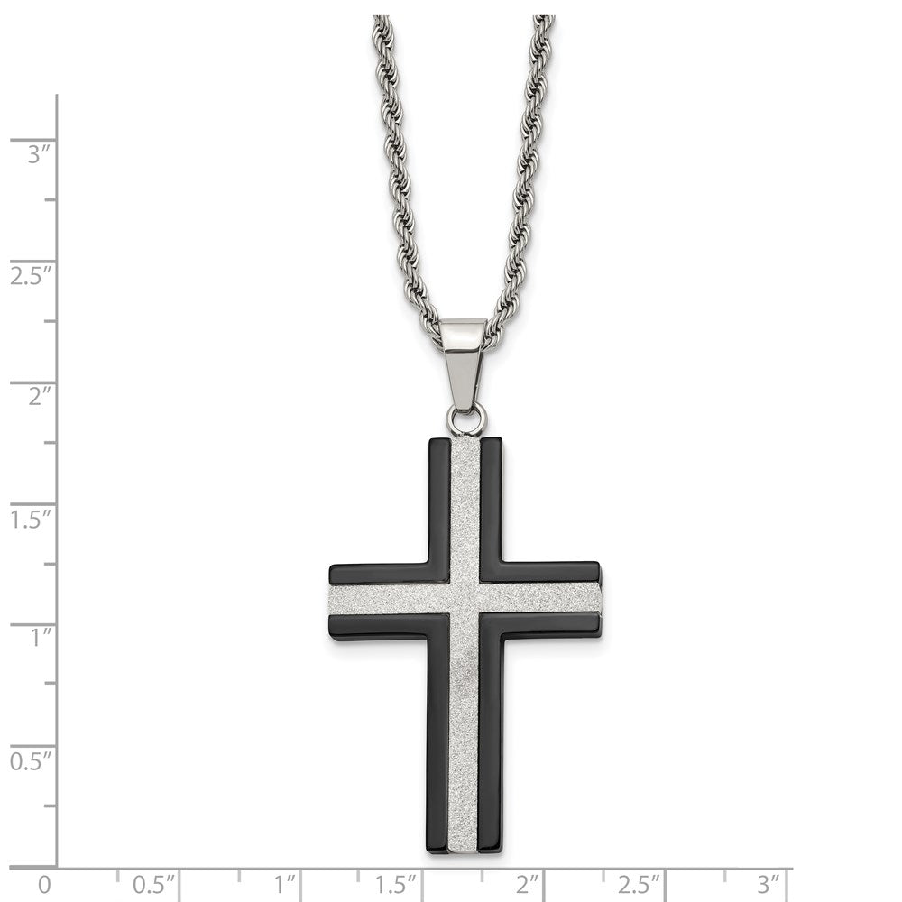 Alternate view of the Stainless Steel Polished Black Plated & Laser Cut Cross Necklace, 24in by The Black Bow Jewelry Co.
