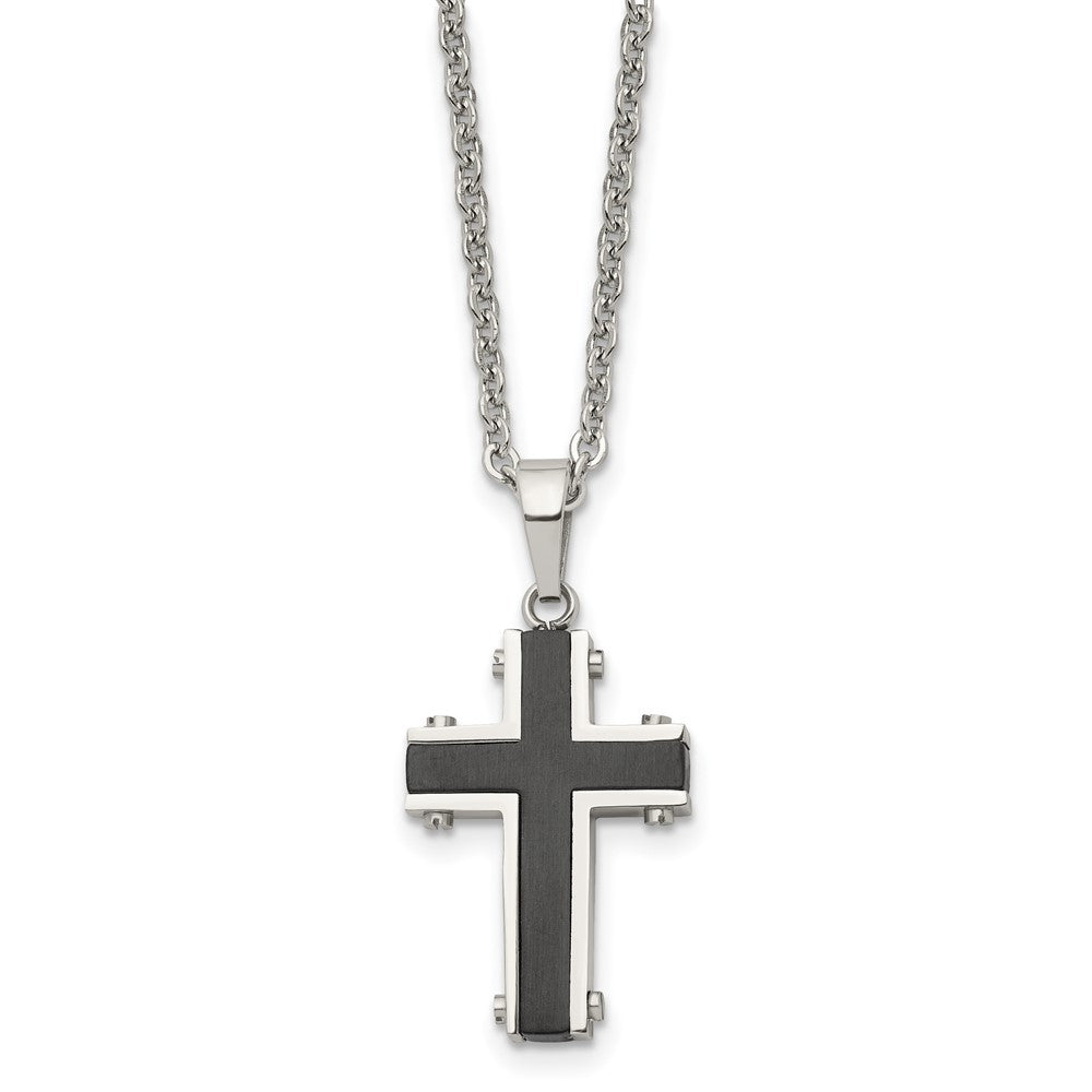 Men's Stainless Steel & Black Plated Small Cross Necklace, 22 Inch, Item N23254 by The Black Bow Jewelry Co.