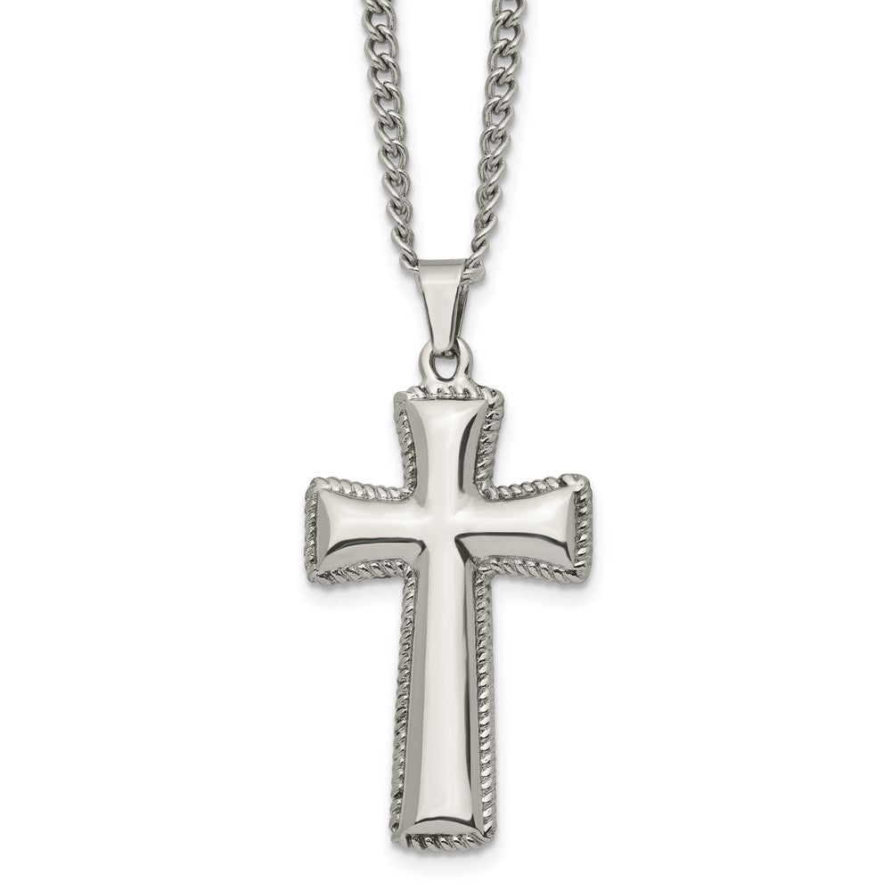 Men's Stainless Steel Polished Pillow Cross Necklace, 24 Inch, Item N23259 by The Black Bow Jewelry Co.