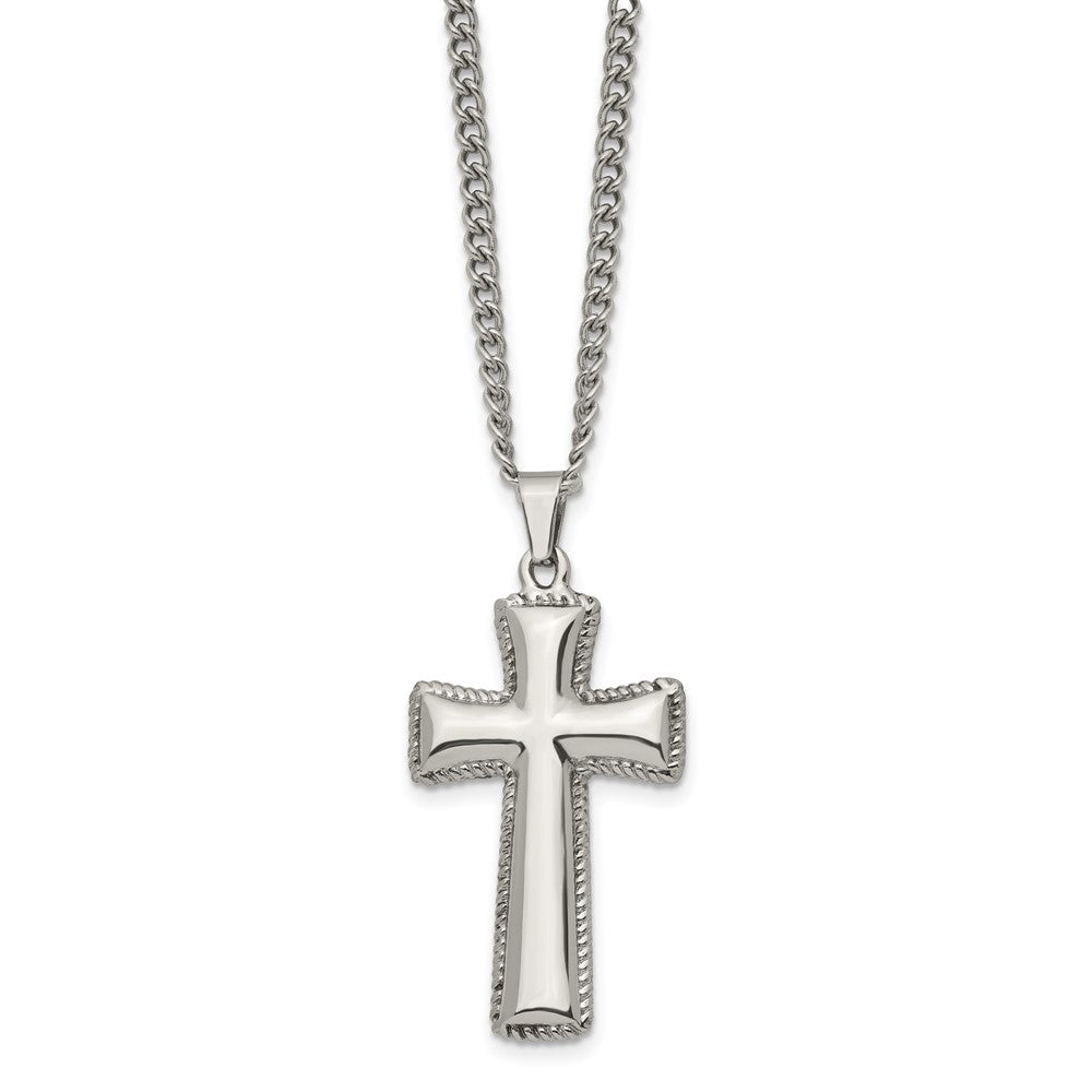 Alternate view of the Men's Stainless Steel Polished Pillow Cross Necklace, 24 Inch by The Black Bow Jewelry Co.