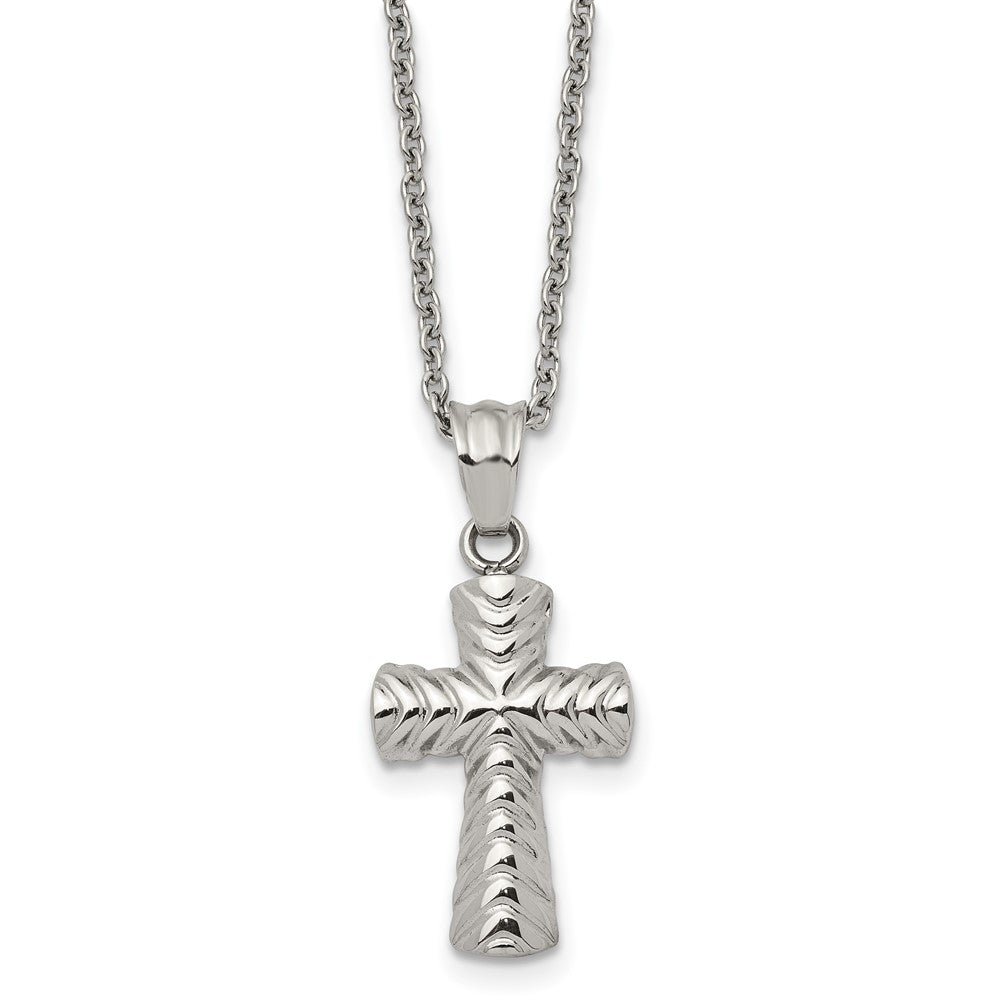 Stainless Steel Small Polished and Textured Cross Necklace, 22 Inch, Item N23262 by The Black Bow Jewelry Co.