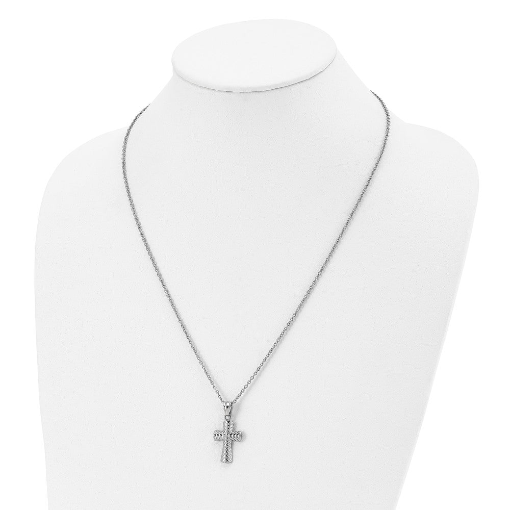 Alternate view of the Stainless Steel Small Polished and Textured Cross Necklace, 22 Inch by The Black Bow Jewelry Co.