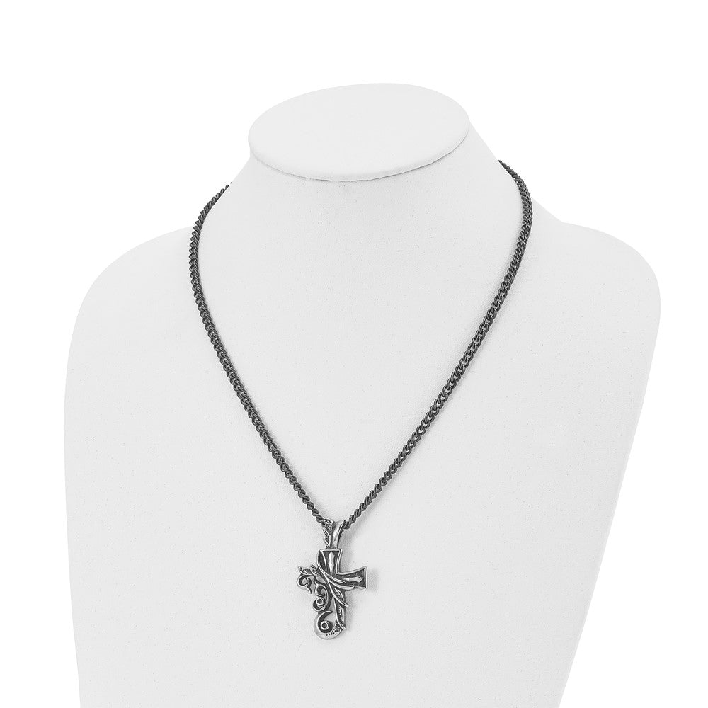 Alternate view of the Men's Stainless Steel Antiqued Fancy Scroll Cross Necklace, 20 Inch by The Black Bow Jewelry Co.