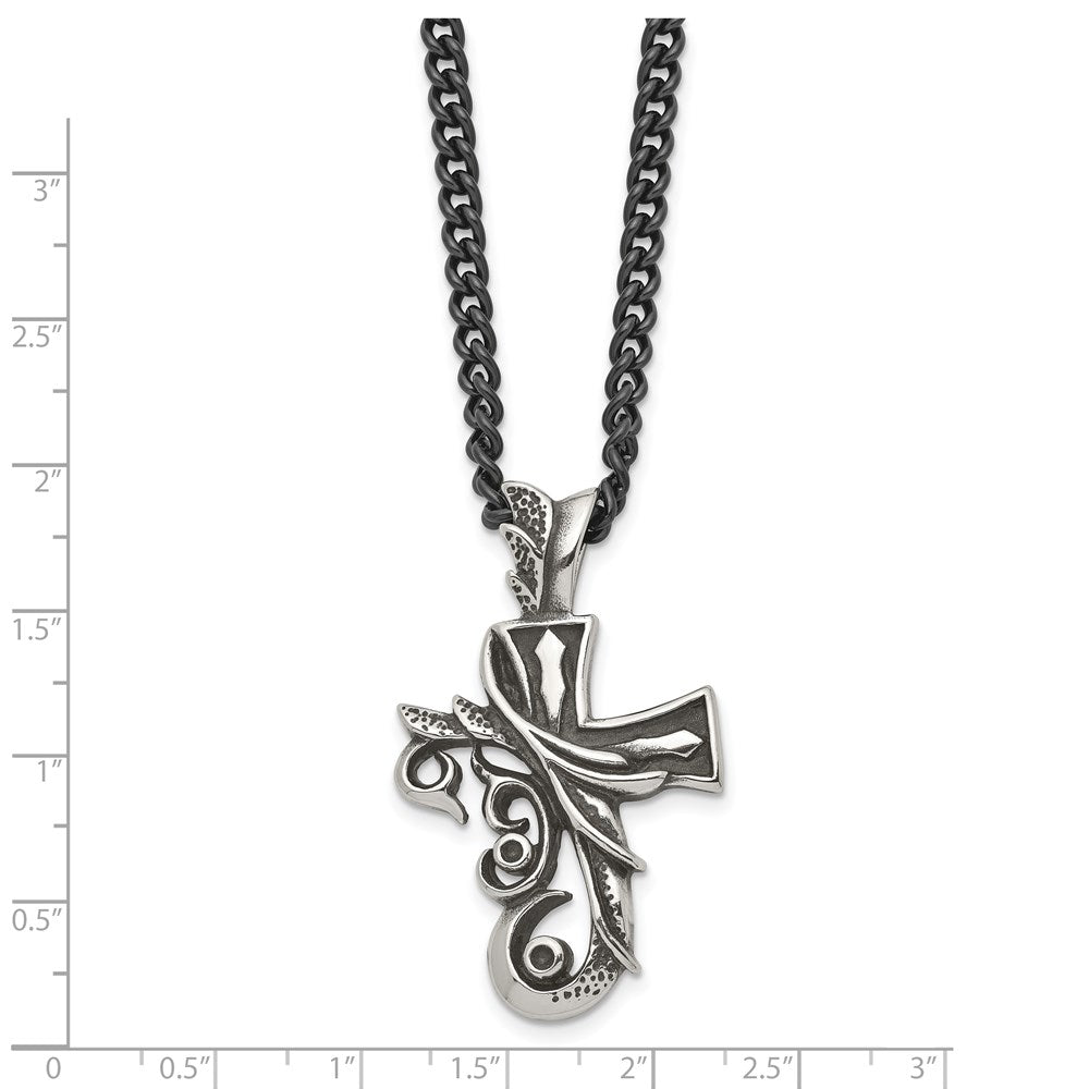 Alternate view of the Men's Stainless Steel Antiqued Fancy Scroll Cross Necklace, 20 Inch by The Black Bow Jewelry Co.