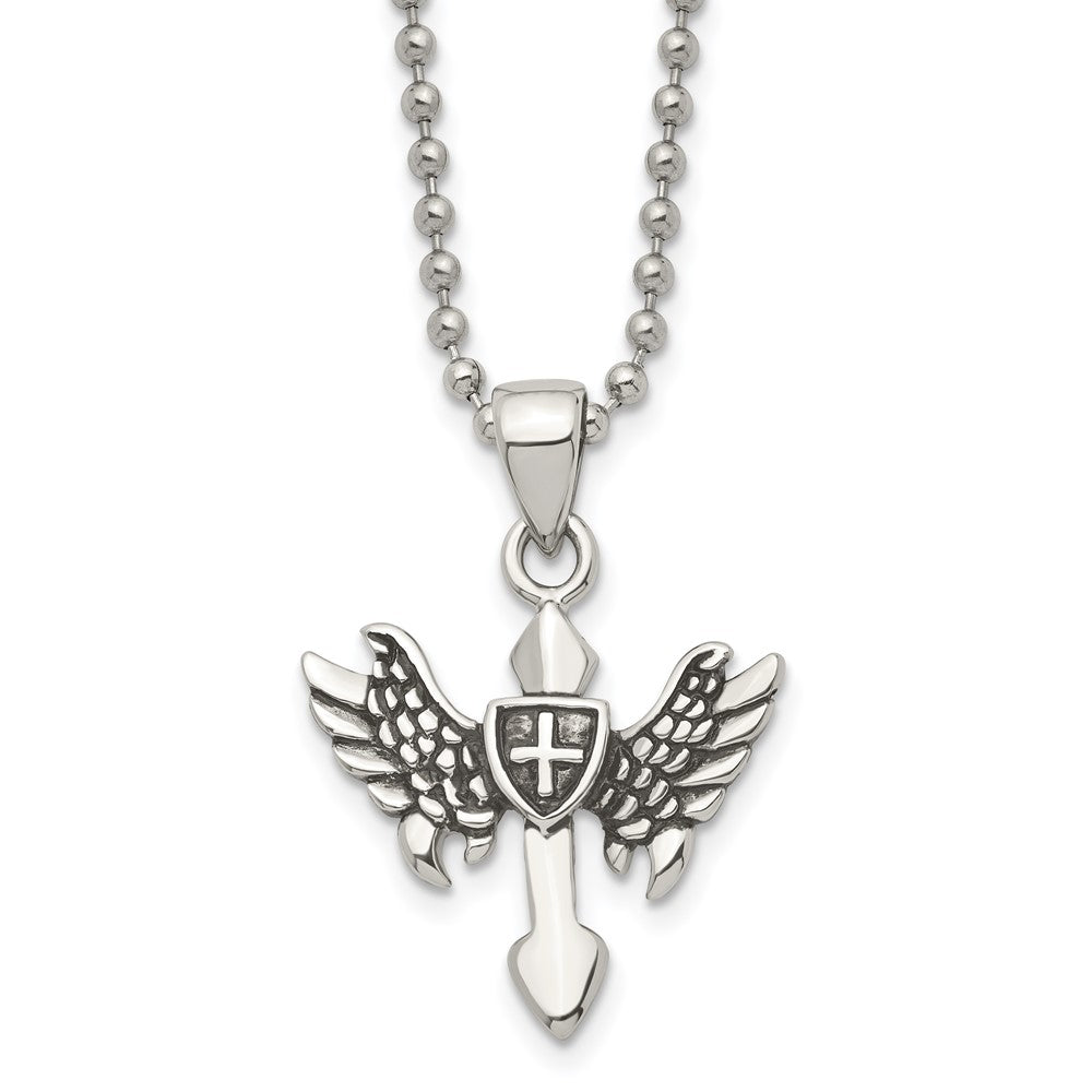 Men's Stainless Steel Small Antiqued Winged Cross Necklace, 20 Inch, Item N23267 by The Black Bow Jewelry Co.