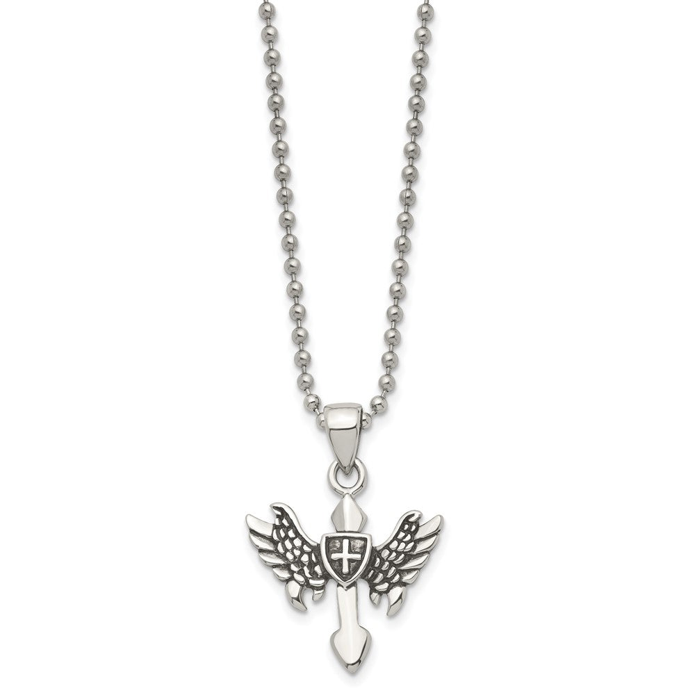 Alternate view of the Men's Stainless Steel Small Antiqued Winged Cross Necklace, 20 Inch by The Black Bow Jewelry Co.