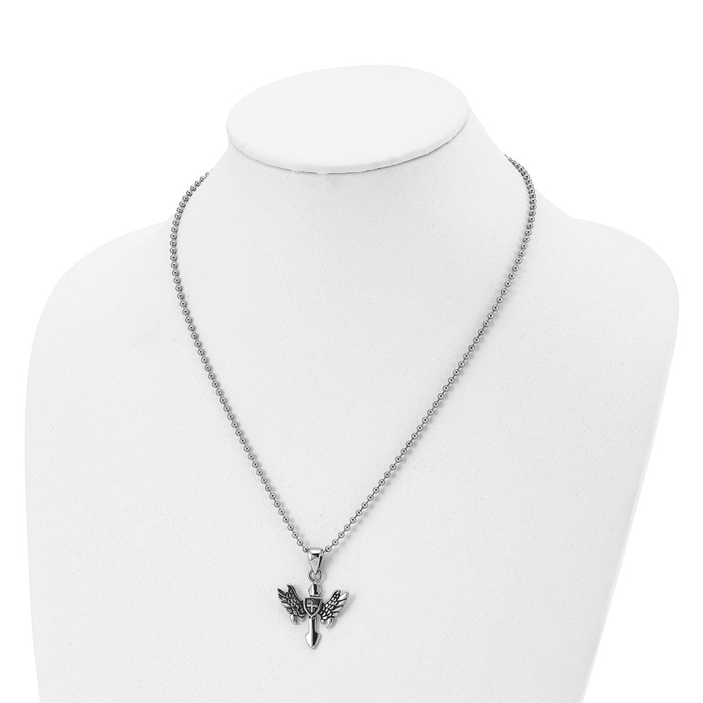 Alternate view of the Men's Stainless Steel Small Antiqued Winged Cross Necklace, 20 Inch by The Black Bow Jewelry Co.