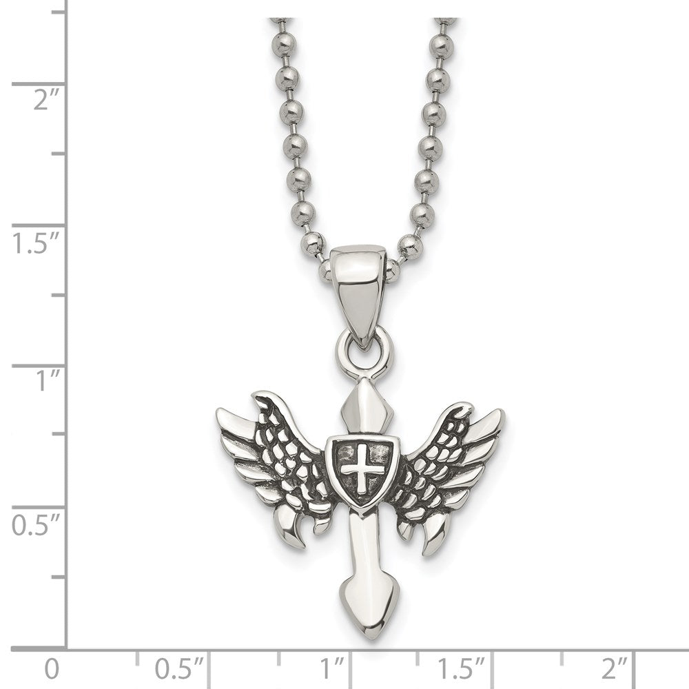 Alternate view of the Men's Stainless Steel Small Antiqued Winged Cross Necklace, 20 Inch by The Black Bow Jewelry Co.
