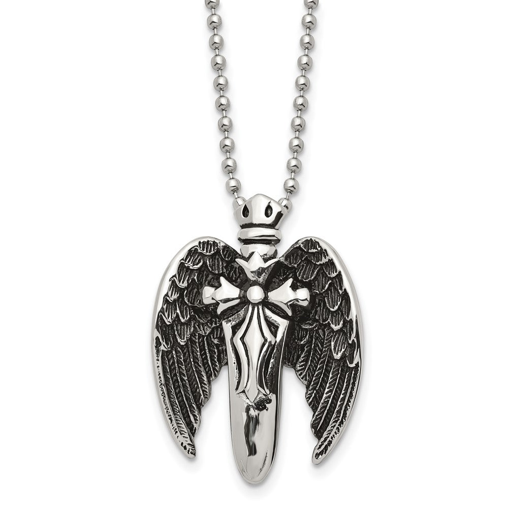 Men&#39;s Stainless Steel Antiqued Winged Sword Necklace, 22 Inch, Item N23268 by The Black Bow Jewelry Co.