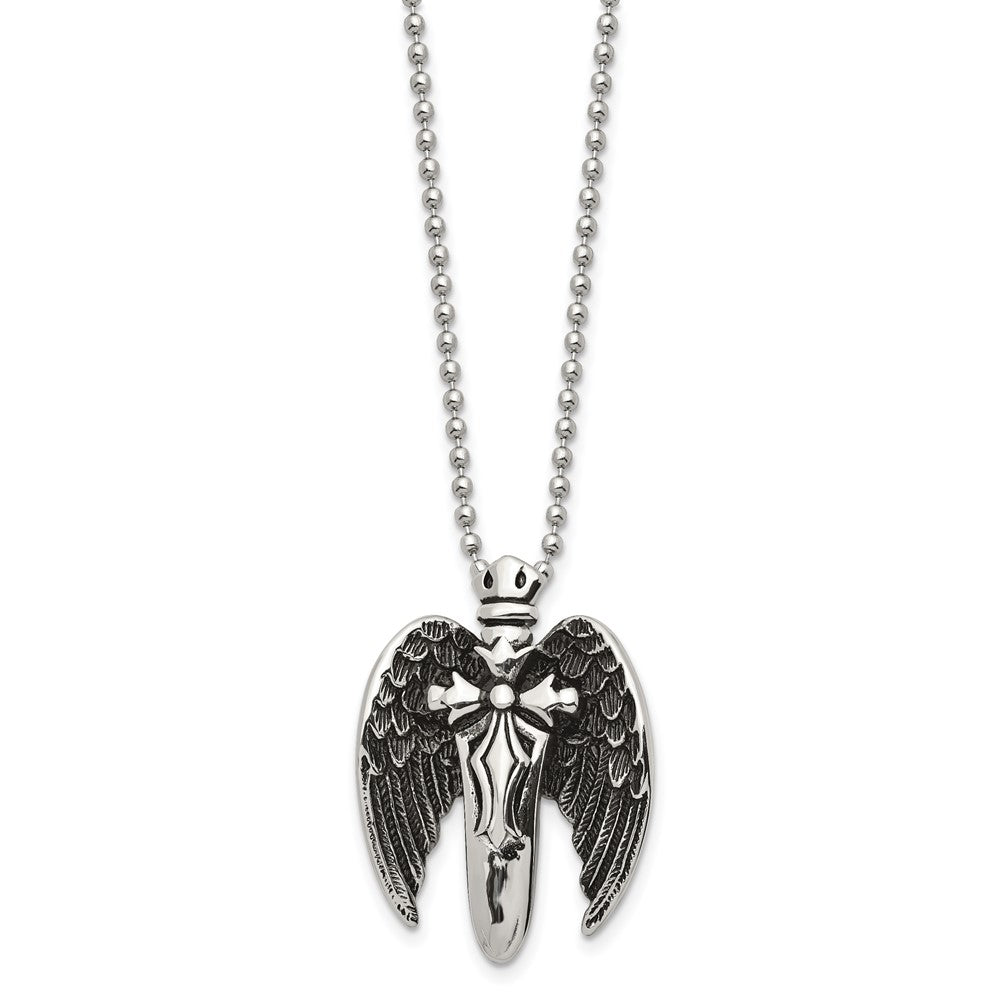 Alternate view of the Men&#39;s Stainless Steel Antiqued Winged Sword Necklace, 22 Inch by The Black Bow Jewelry Co.