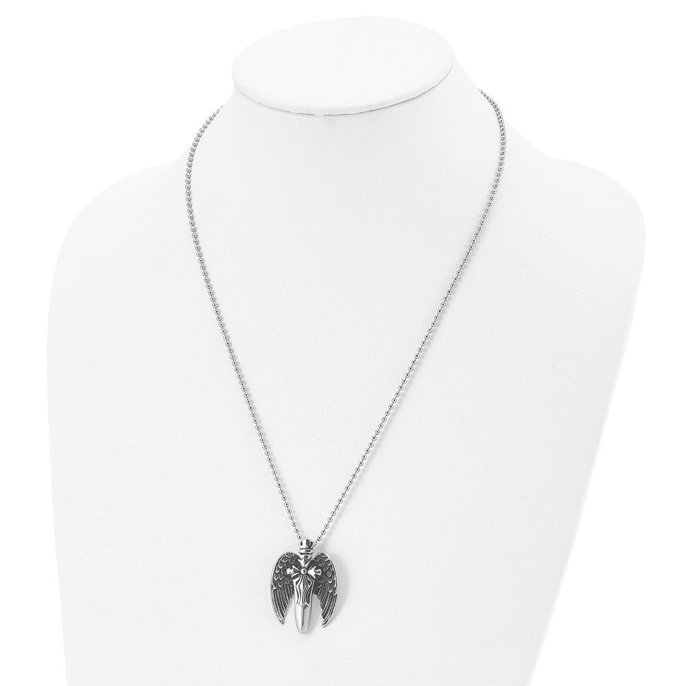 Alternate view of the Men&#39;s Stainless Steel Antiqued Winged Sword Necklace, 22 Inch by The Black Bow Jewelry Co.