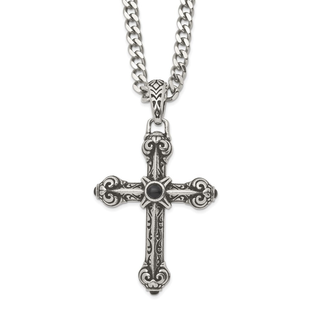 Stainless Steel Synthetic Black Agate XXL Antique Cross Necklace 24 In, Item N23271 by The Black Bow Jewelry Co.