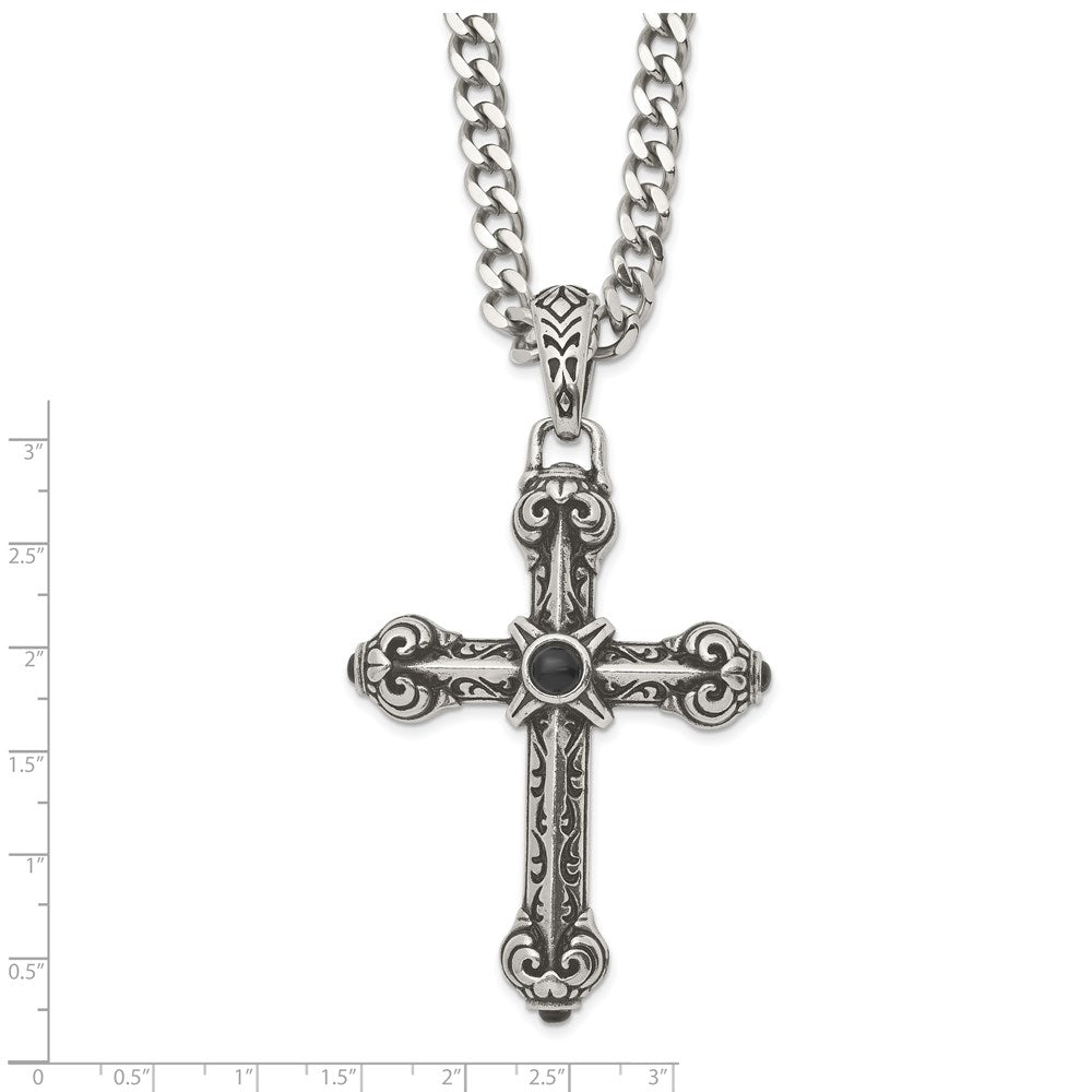 Alternate view of the Stainless Steel Synthetic Black Agate XXL Antique Cross Necklace 24 In by The Black Bow Jewelry Co.