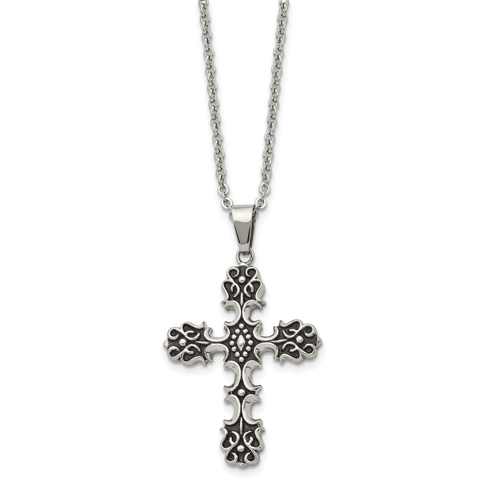 Alternate view of the Stainless Steel Antiqued Ornate Cross Necklace, 22 Inch by The Black Bow Jewelry Co.