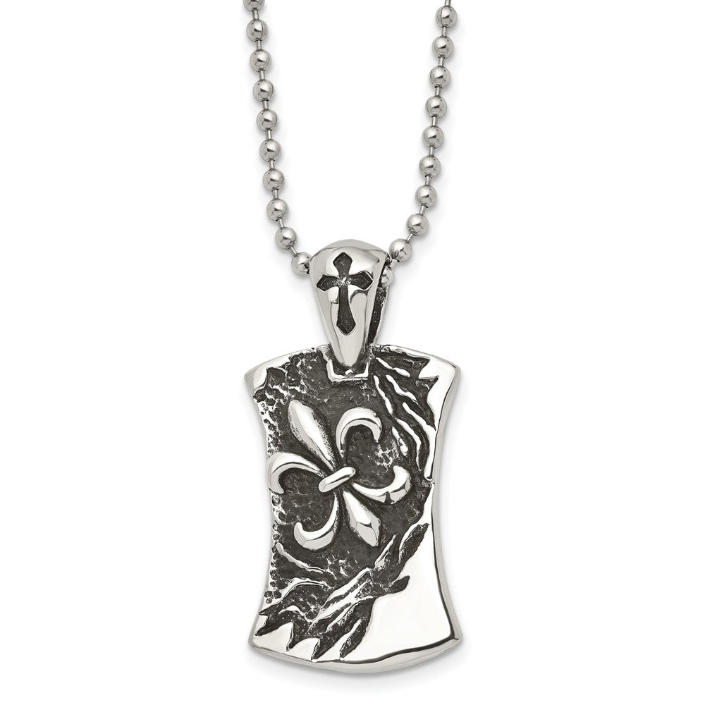 Men's Stainless Steel Antiqued Fleur de lis Dog Tag Necklace, 22 Inch, Item N23277 by The Black Bow Jewelry Co.