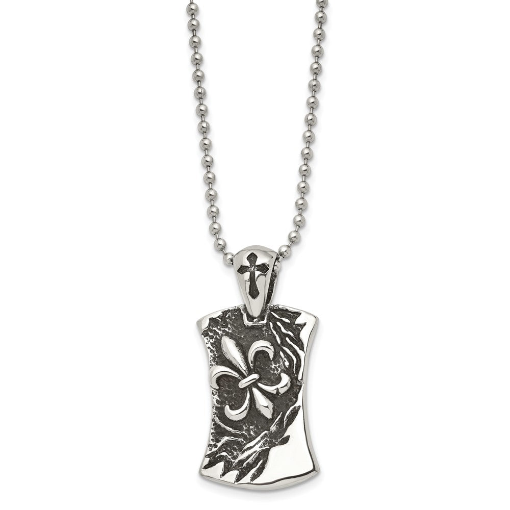 Alternate view of the Men's Stainless Steel Antiqued Fleur de lis Dog Tag Necklace, 22 Inch by The Black Bow Jewelry Co.