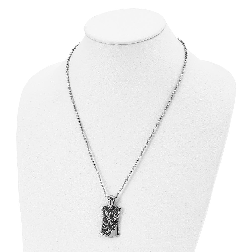 Alternate view of the Men's Stainless Steel Antiqued Fleur de lis Dog Tag Necklace, 22 Inch by The Black Bow Jewelry Co.