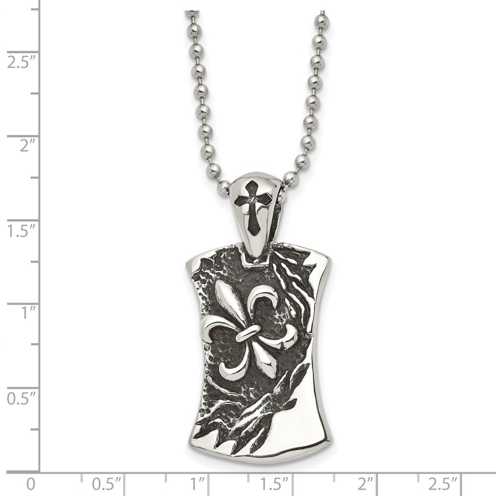 Alternate view of the Men's Stainless Steel Antiqued Fleur de lis Dog Tag Necklace, 22 Inch by The Black Bow Jewelry Co.