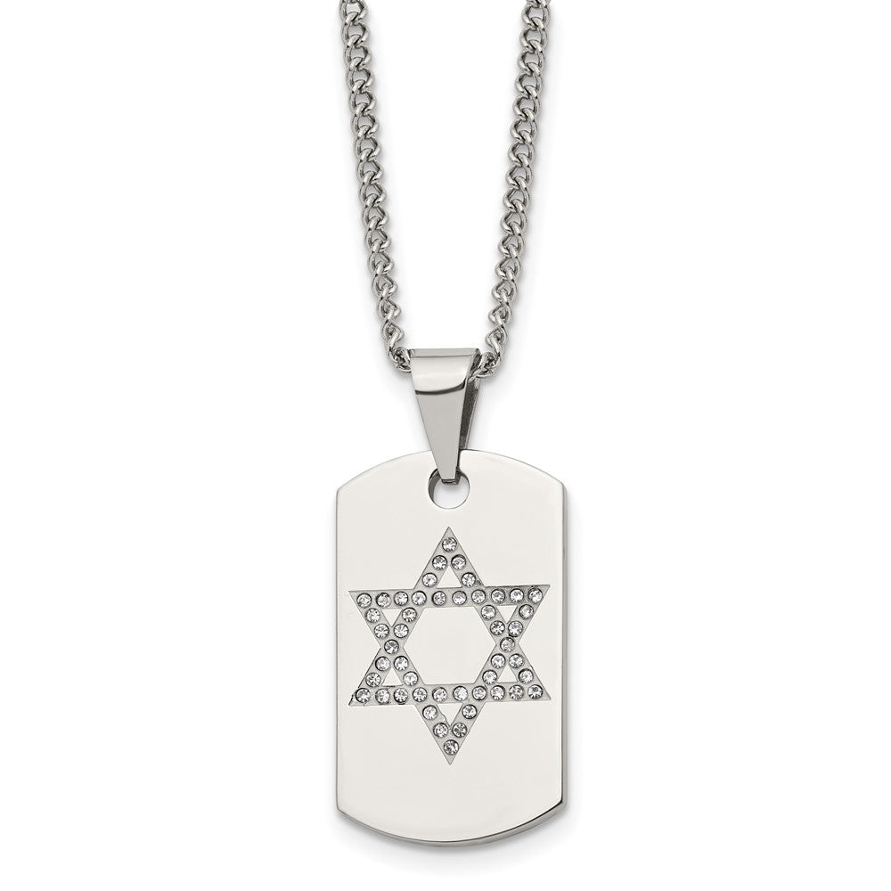 Stainless Steel & CZ Small Star of David Dog Tag Necklace, 22 Inch, Item N23279 by The Black Bow Jewelry Co.