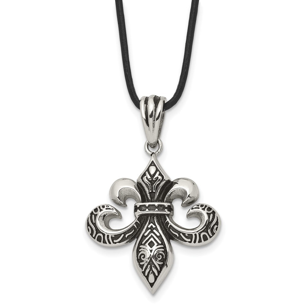 Stainless Steel & Leather Cord Antiqued Fleur de lis Necklace, 20 Inch, Item N23280 by The Black Bow Jewelry Co.