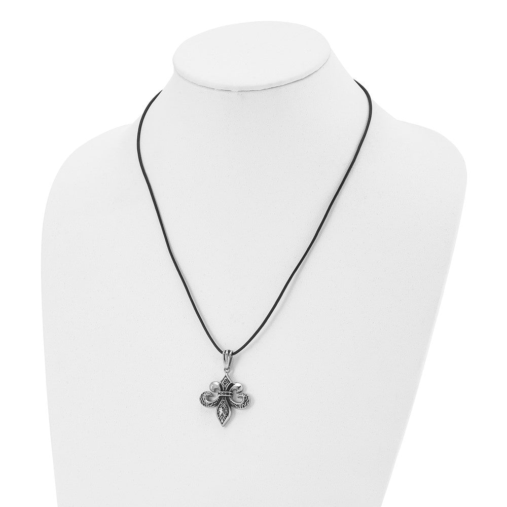 Alternate view of the Stainless Steel & Leather Cord Antiqued Fleur de lis Necklace, 20 Inch by The Black Bow Jewelry Co.