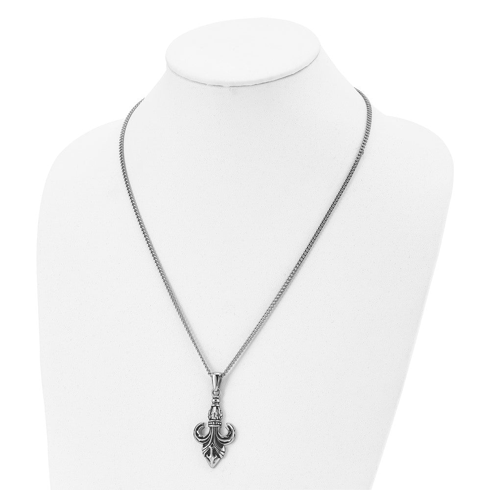 Alternate view of the Men's Stainless Steel Antiqued Fleur de lis Necklace, 22 Inch by The Black Bow Jewelry Co.