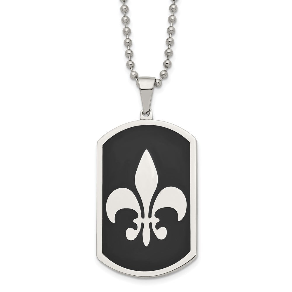 Stainless Steel & Black Plated LG Fleur de lis Dog Tag Necklace, 24 In, Item N23282 by The Black Bow Jewelry Co.