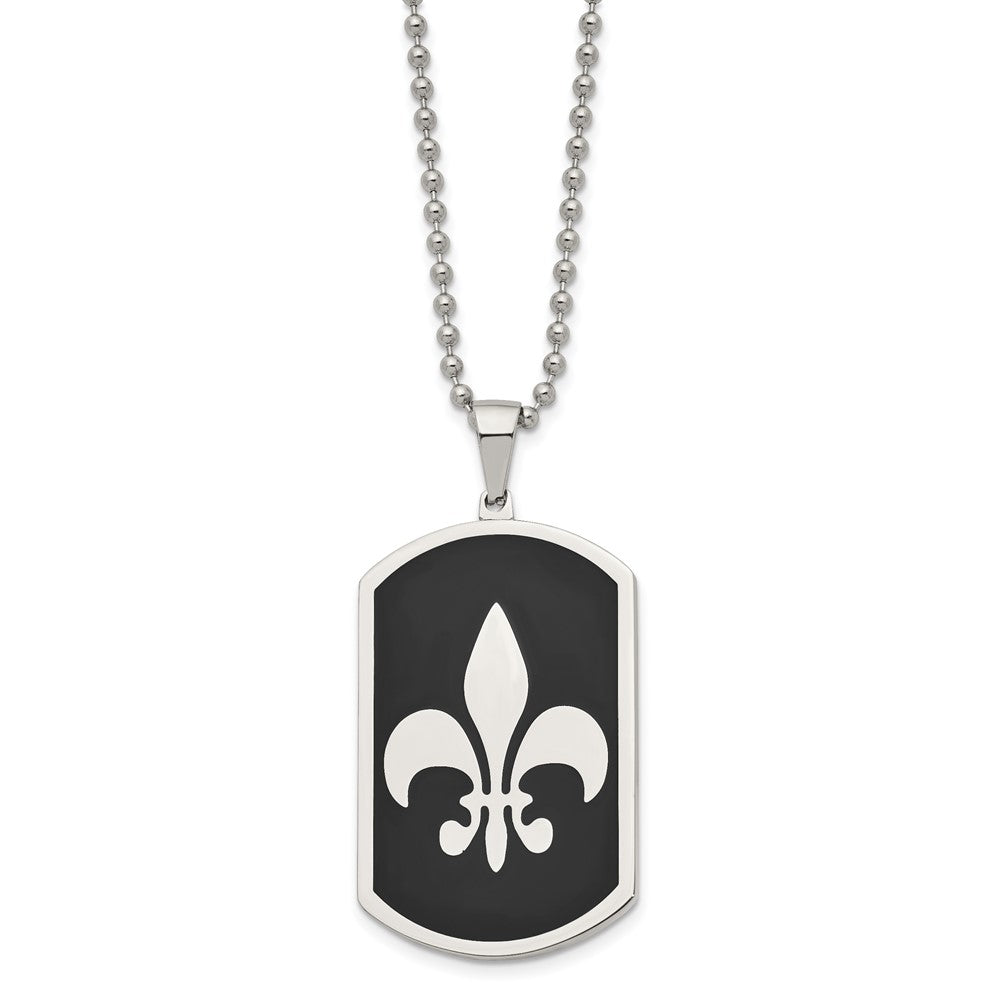 Alternate view of the Stainless Steel & Black Plated LG Fleur de lis Dog Tag Necklace, 24 In by The Black Bow Jewelry Co.