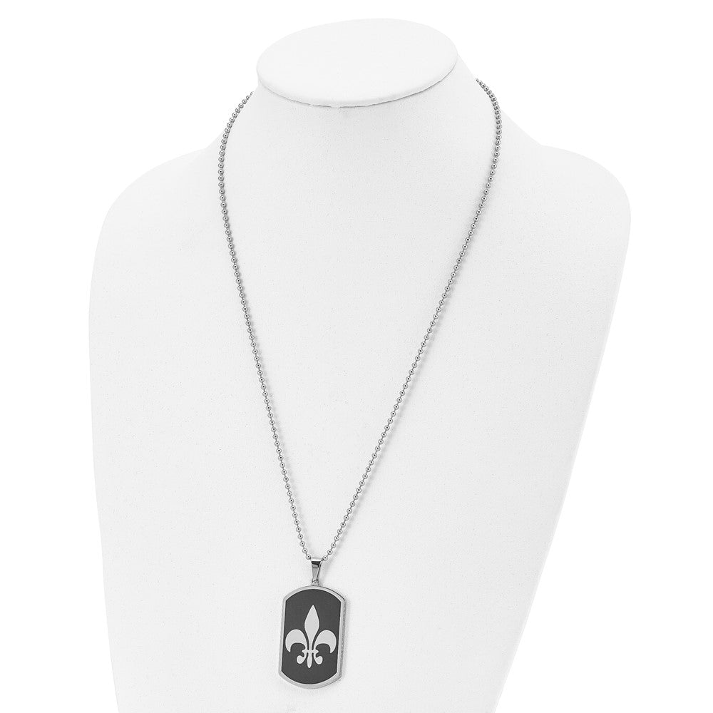 Alternate view of the Stainless Steel & Black Plated LG Fleur de lis Dog Tag Necklace, 24 In by The Black Bow Jewelry Co.