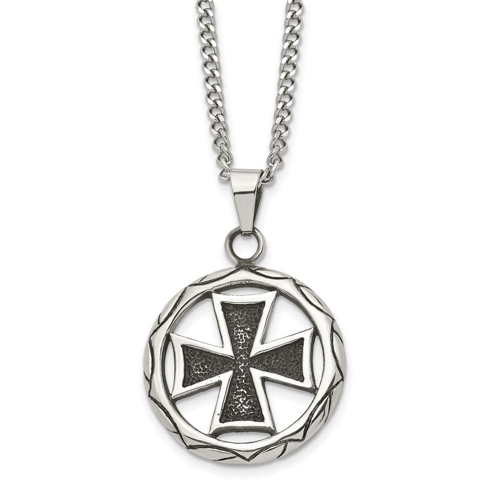 Men's Stainless Steel Antiqued Maltese Cross Circle Necklace, 22