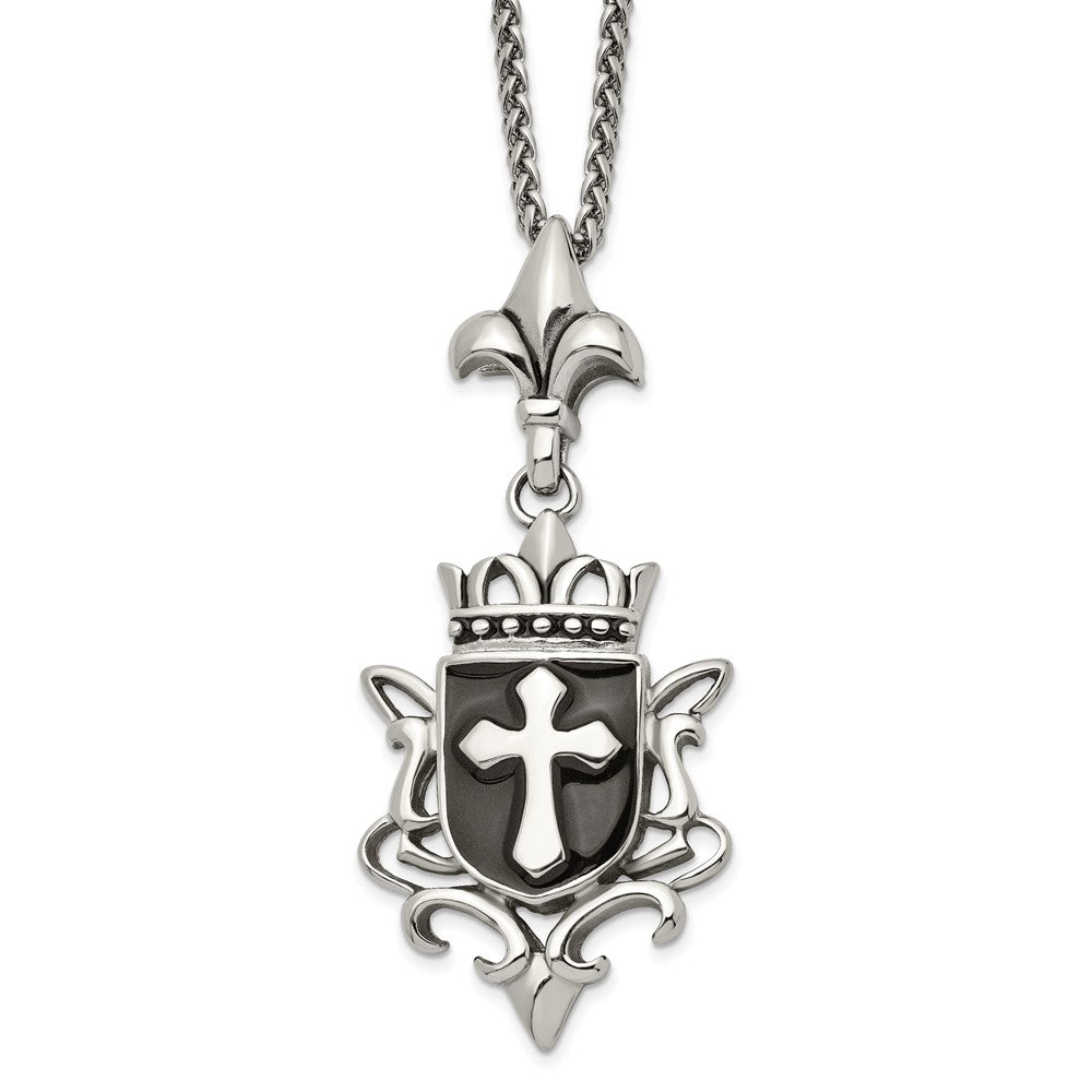 Stainless Steel, Enamel & Antiqued XL Shield Cross Necklace, 22 Inch, Item N23285 by The Black Bow Jewelry Co.