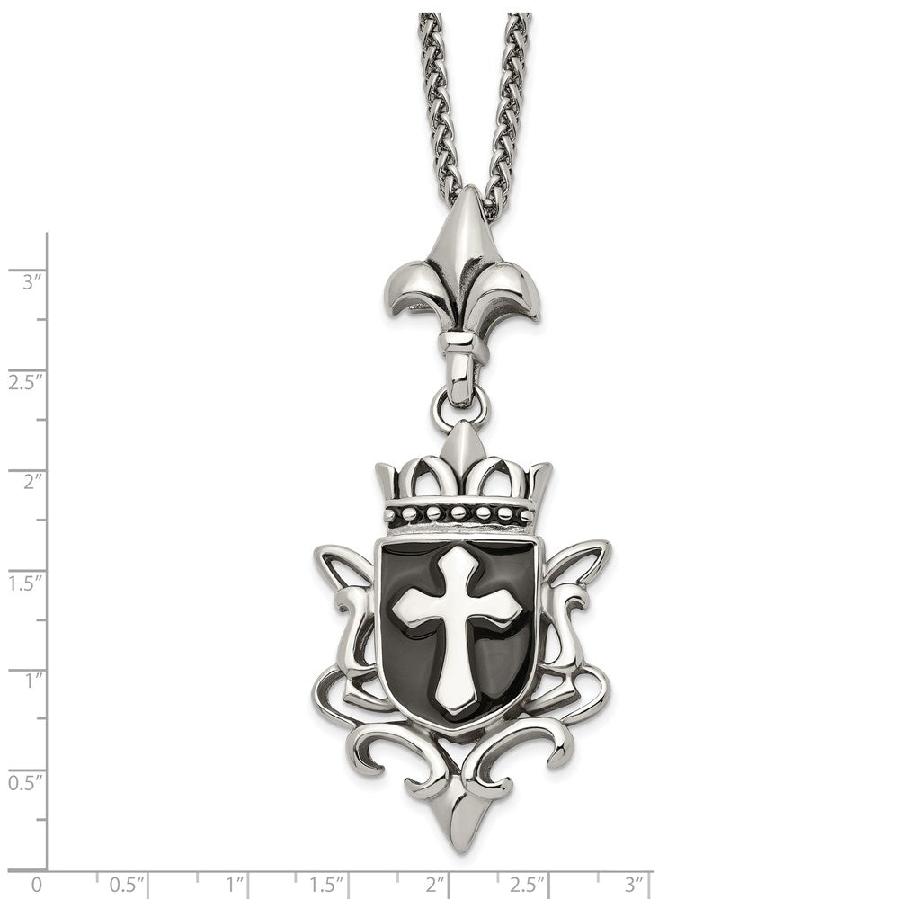 Alternate view of the Stainless Steel, Enamel & Antiqued XL Shield Cross Necklace, 22 Inch by The Black Bow Jewelry Co.