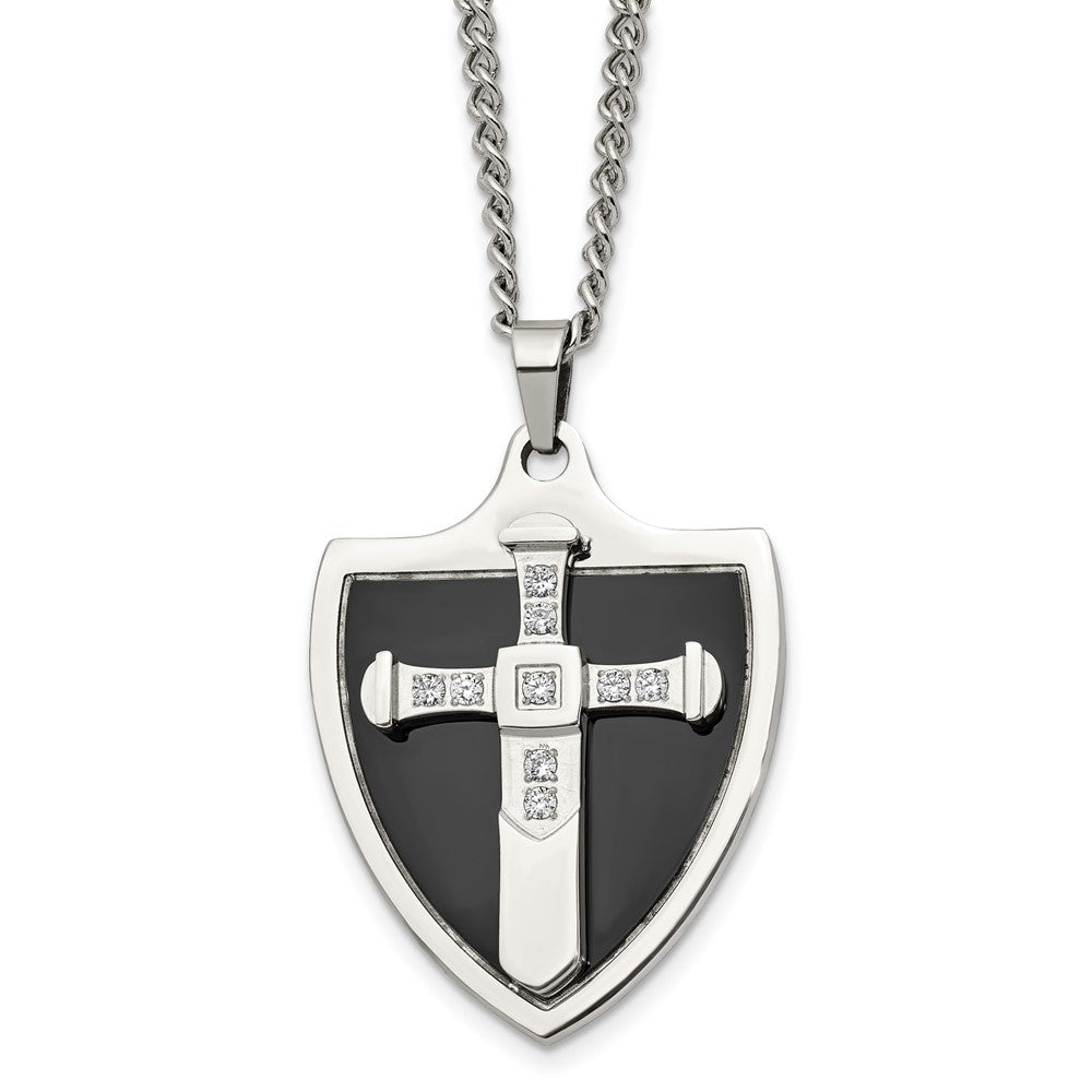Mens Stainless Steel, Black Plated &amp; CZ Cross Shield Necklace, 24 Inch, Item N23287 by The Black Bow Jewelry Co.