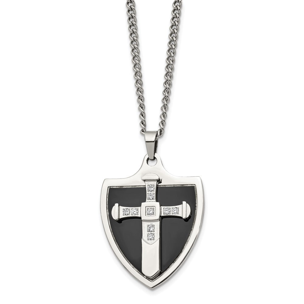 Alternate view of the Mens Stainless Steel, Black Plated &amp; CZ Cross Shield Necklace, 24 Inch by The Black Bow Jewelry Co.