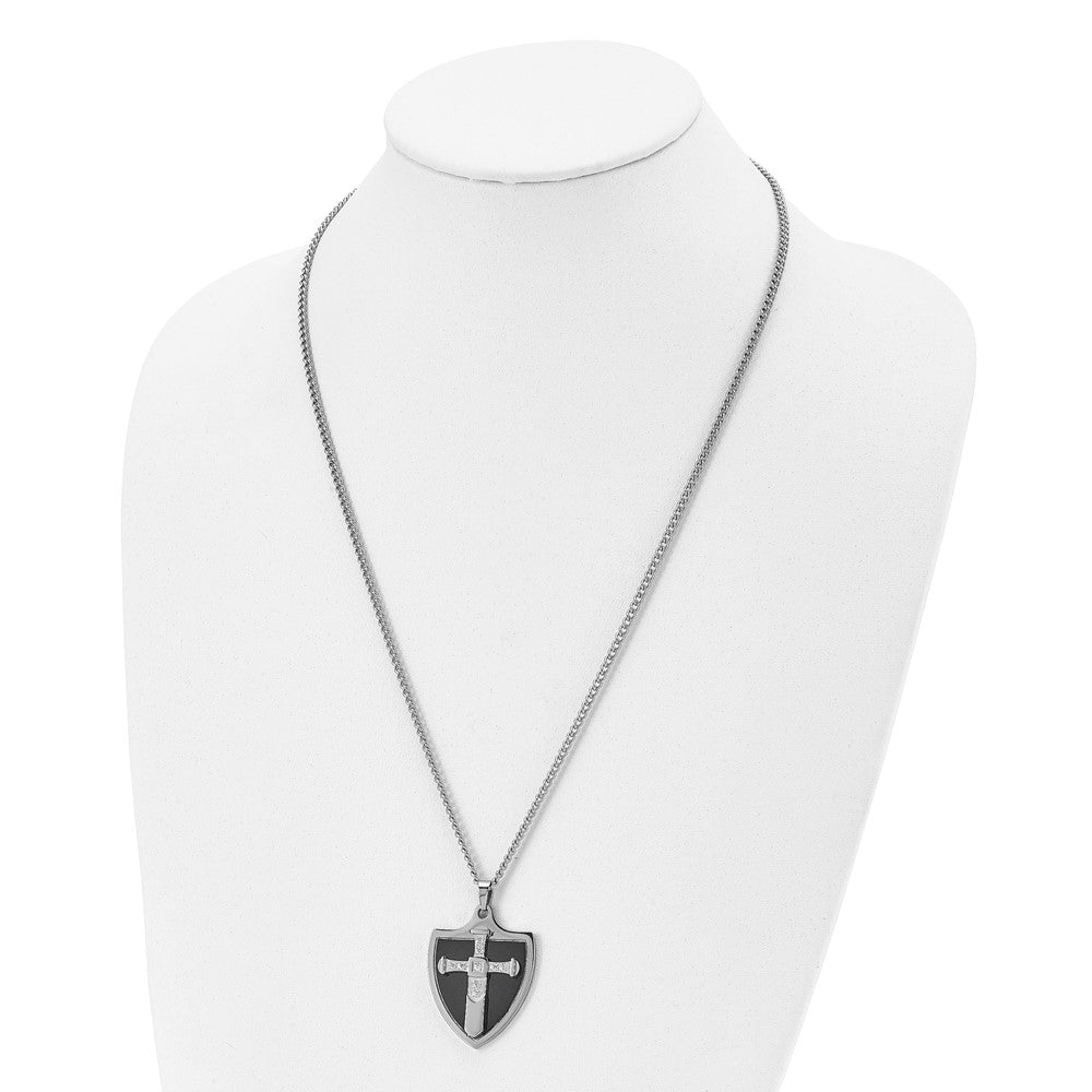 Alternate view of the Mens Stainless Steel, Black Plated &amp; CZ Cross Shield Necklace, 24 Inch by The Black Bow Jewelry Co.