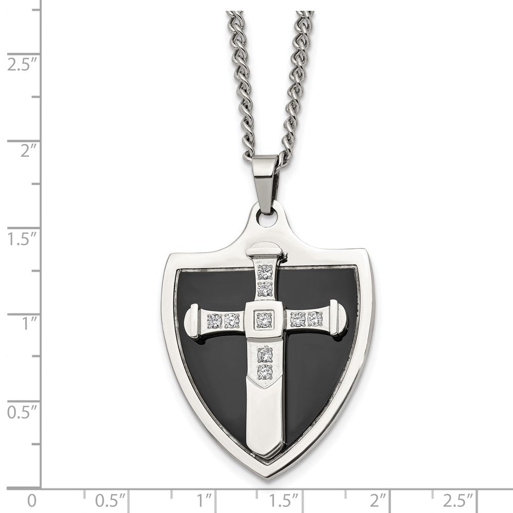 Alternate view of the Mens Stainless Steel, Black Plated &amp; CZ Cross Shield Necklace, 24 Inch by The Black Bow Jewelry Co.
