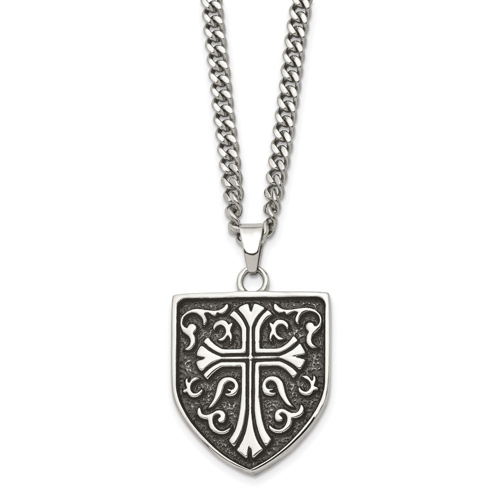 Men's Stainless Steel Antiqued Medieval Cross Shield Necklace, 24 Inch, Item N23290 by The Black Bow Jewelry Co.