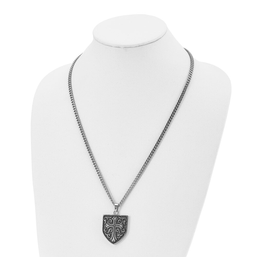 Alternate view of the Men's Stainless Steel Antiqued Medieval Cross Shield Necklace, 24 Inch by The Black Bow Jewelry Co.