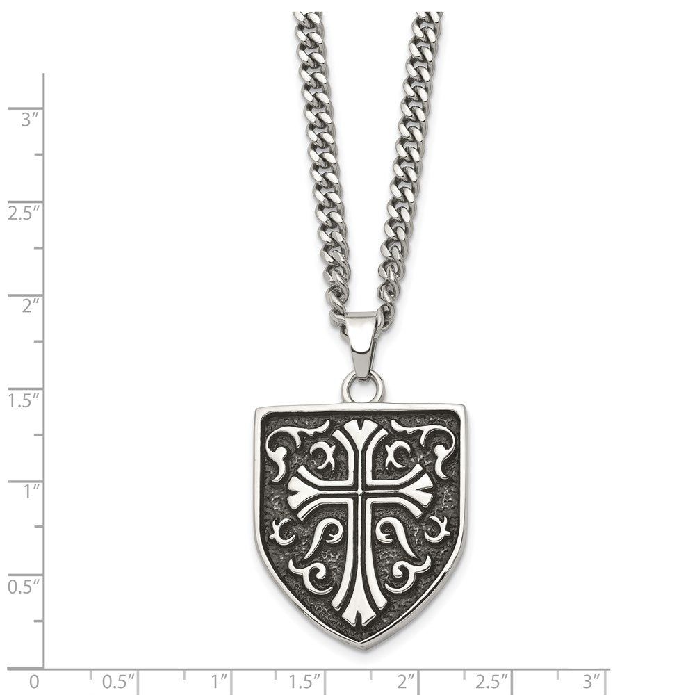 Alternate view of the Men's Stainless Steel Antiqued Medieval Cross Shield Necklace, 24 Inch by The Black Bow Jewelry Co.