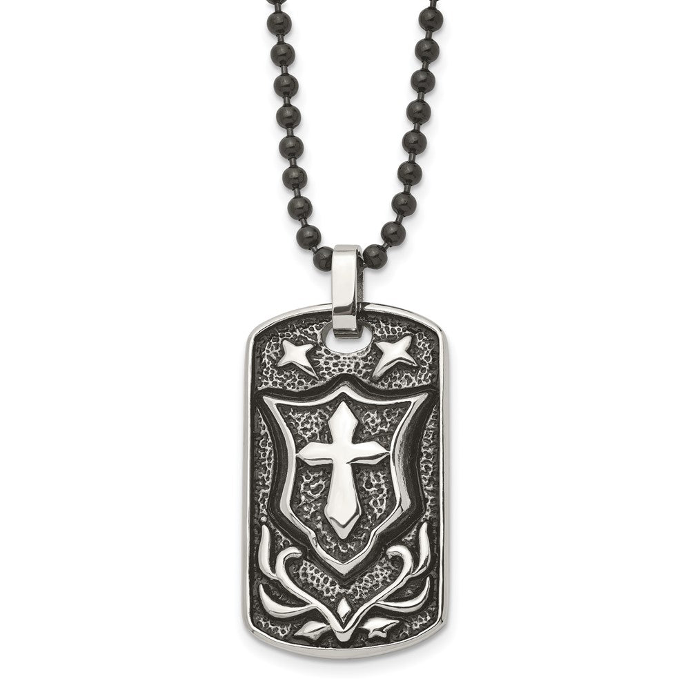 Stainless Steel Antiqued Embossed Cross Shield Dog Tag Necklace, 24 In, Item N23291 by The Black Bow Jewelry Co.