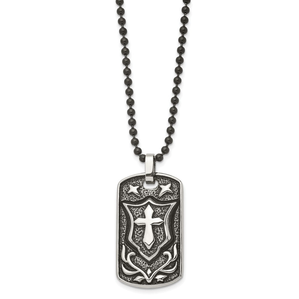 Alternate view of the Stainless Steel Antiqued Embossed Cross Shield Dog Tag Necklace, 24 In by The Black Bow Jewelry Co.