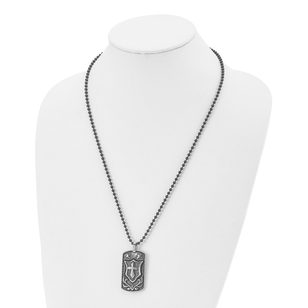 Alternate view of the Stainless Steel Antiqued Embossed Cross Shield Dog Tag Necklace, 24 In by The Black Bow Jewelry Co.
