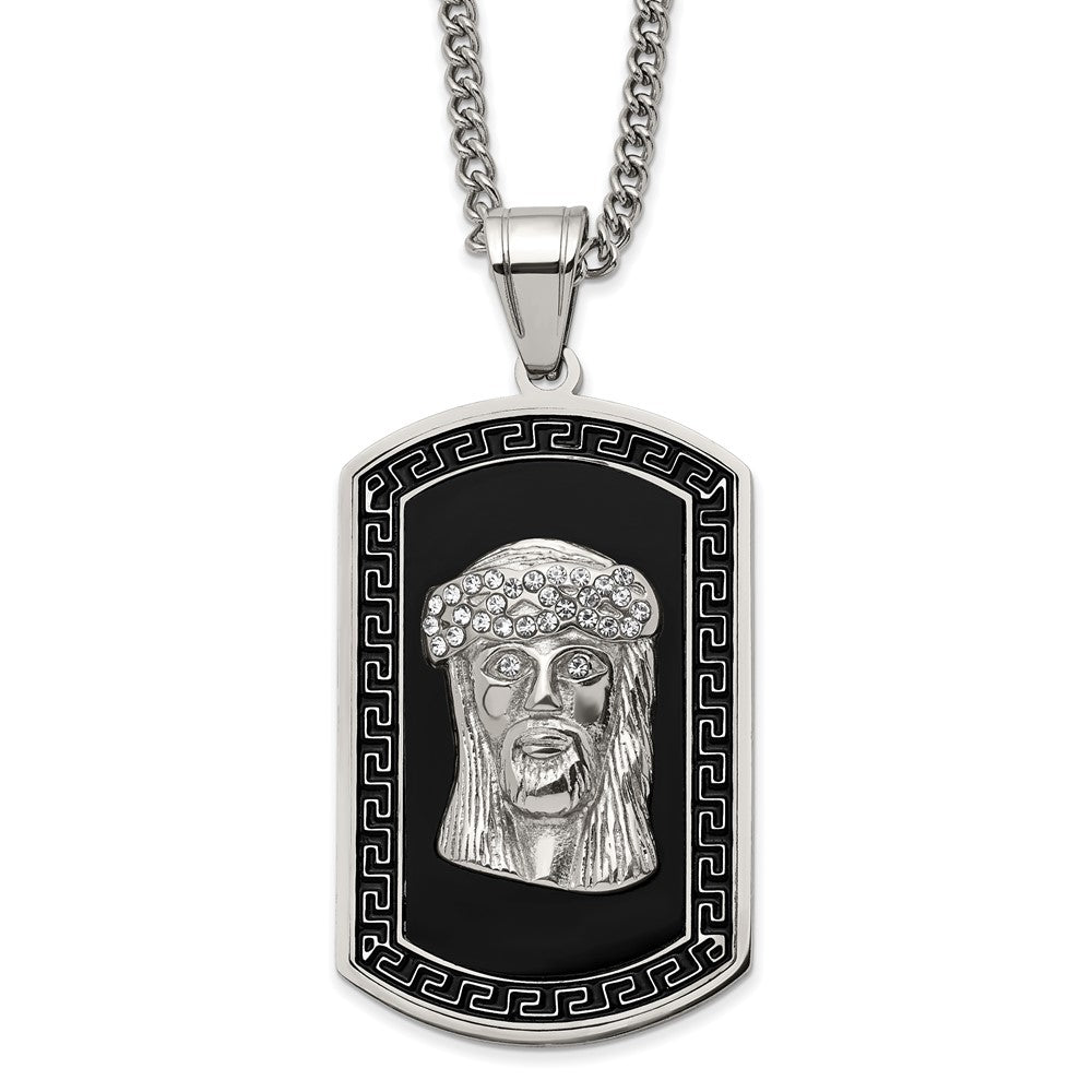 Stainless Steel, Black Enamel & Crystal Jesus Dog Tag Necklace, 24 In, Item N23295 by The Black Bow Jewelry Co.