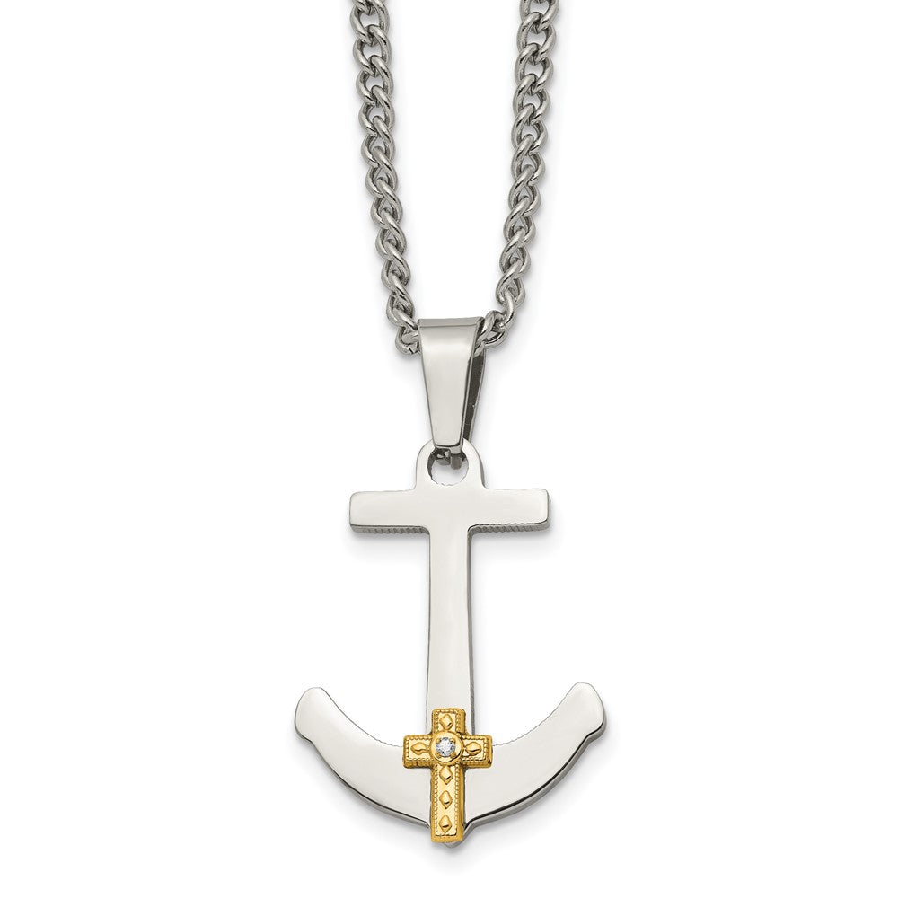 Stainless Steel 14k Yellow Gold & Diamond Anchor Cross Necklace, 24 In, Item N23298 by The Black Bow Jewelry Co.