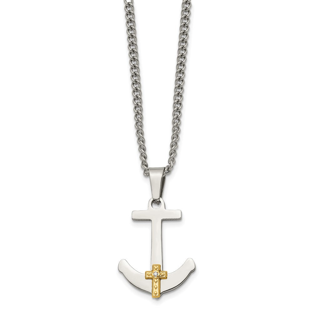 Alternate view of the Stainless Steel 14k Yellow Gold & Diamond Anchor Cross Necklace, 24 In by The Black Bow Jewelry Co.