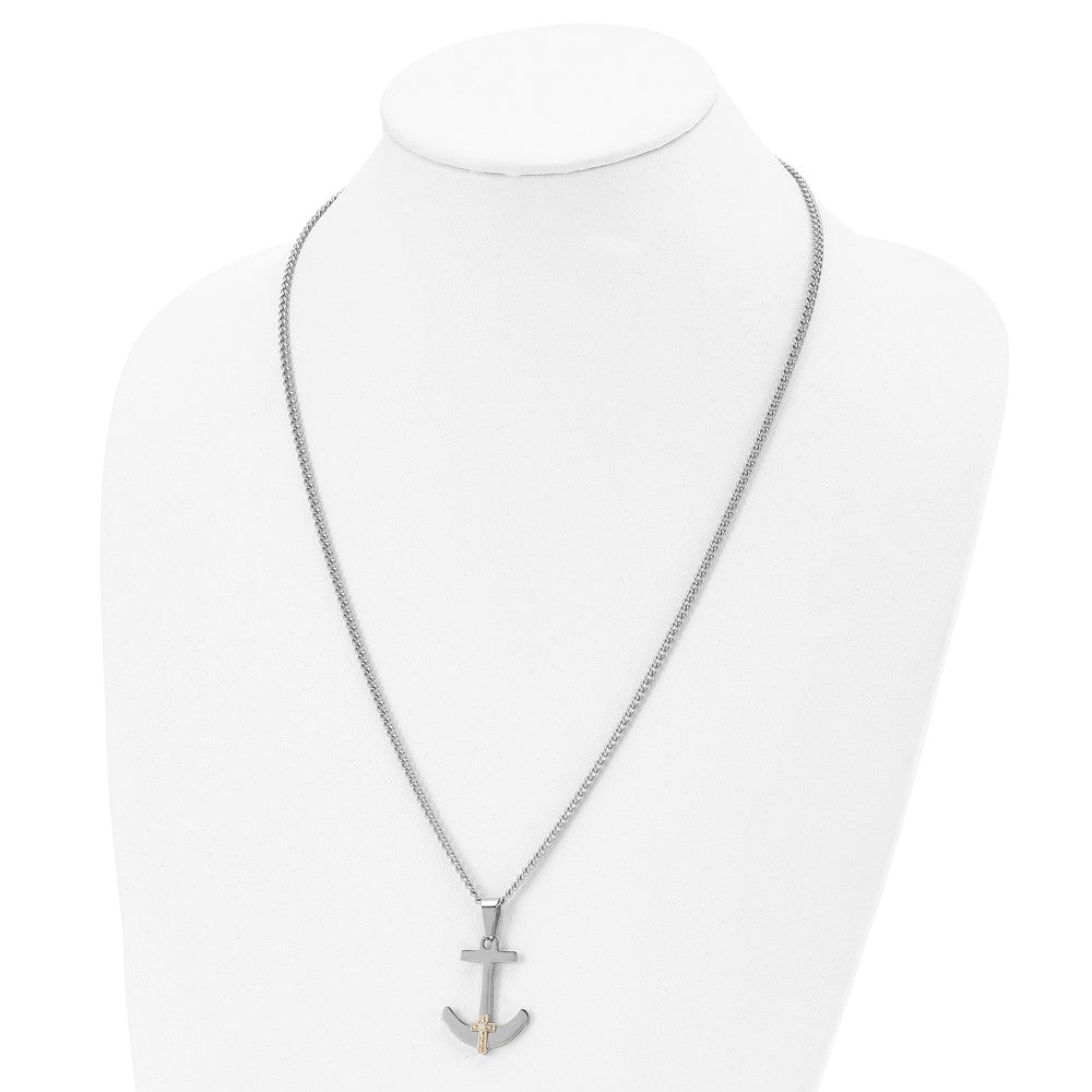 Alternate view of the Stainless Steel 14k Yellow Gold & Diamond Anchor Cross Necklace, 24 In by The Black Bow Jewelry Co.